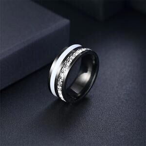 Black stainless steel princess cut inlay band RING - Silver - CZs- size 11